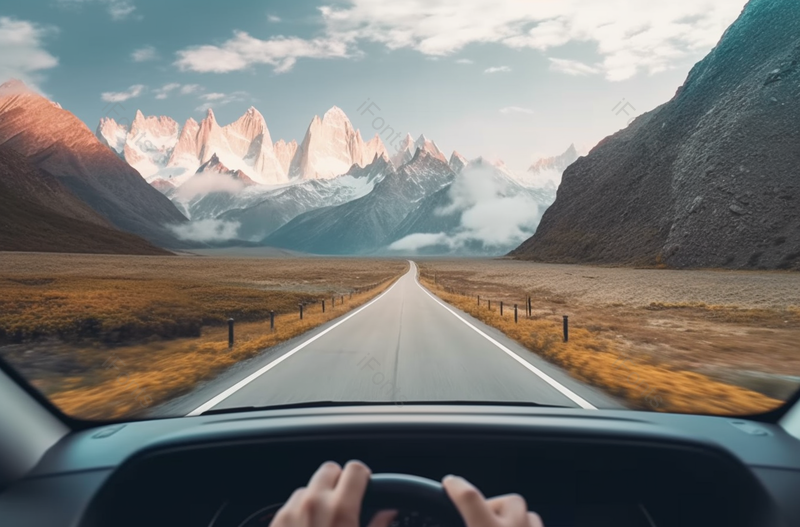 开着汽车看远处雪山的风景,高清,摄影图,摄影图片,图片大全,摄影图免费下载